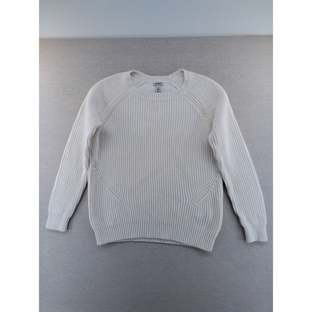 LL Bean Signature Cotton Sweater Women Small Cream Raglan Fisherman Chunky Knit